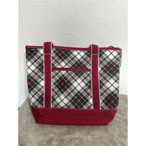 Lands End M 5 Pocket ZipTop Canvas Tote Bag Christmas Red Green White plaid